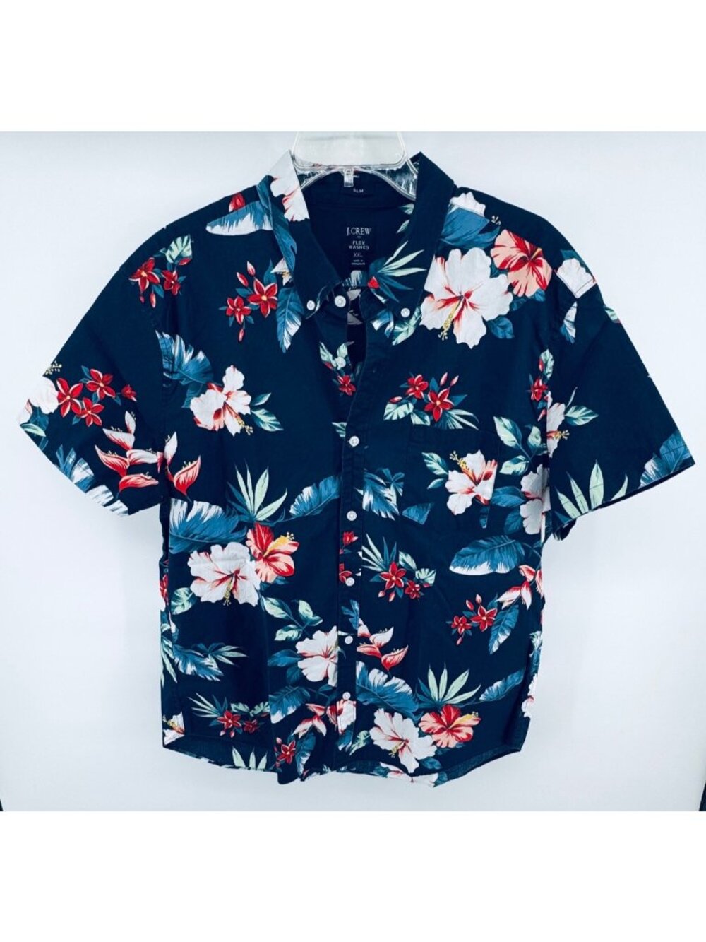 J.Crew Mens Slim Fit Hawaiian Floral Short Sleeve Shirt XXL Flex Washed